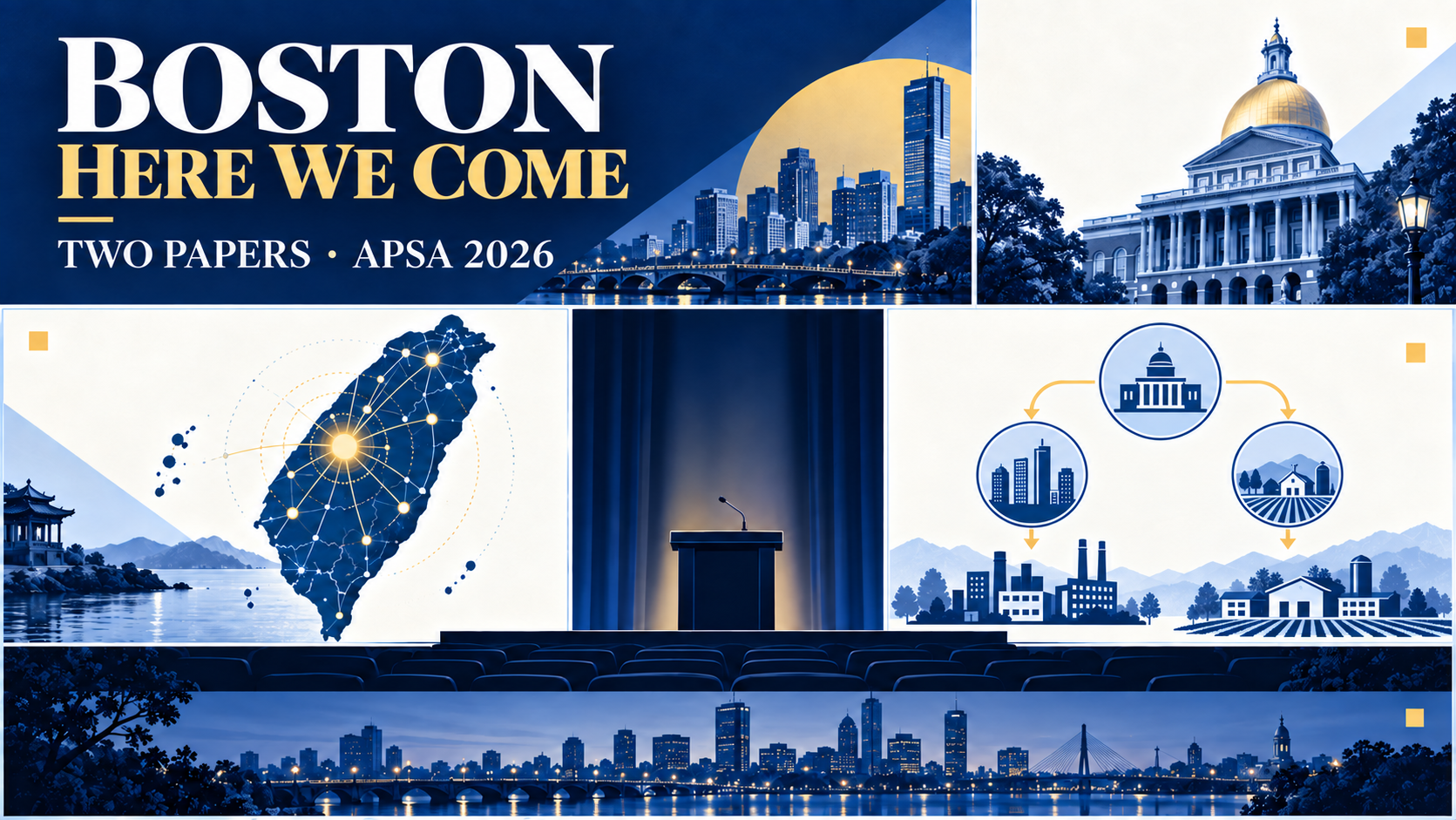 Editorial collage combining a Boston conference stage, a Taiwan regional-party network, and a diagram contrasting urban and rural enterprise administration.
