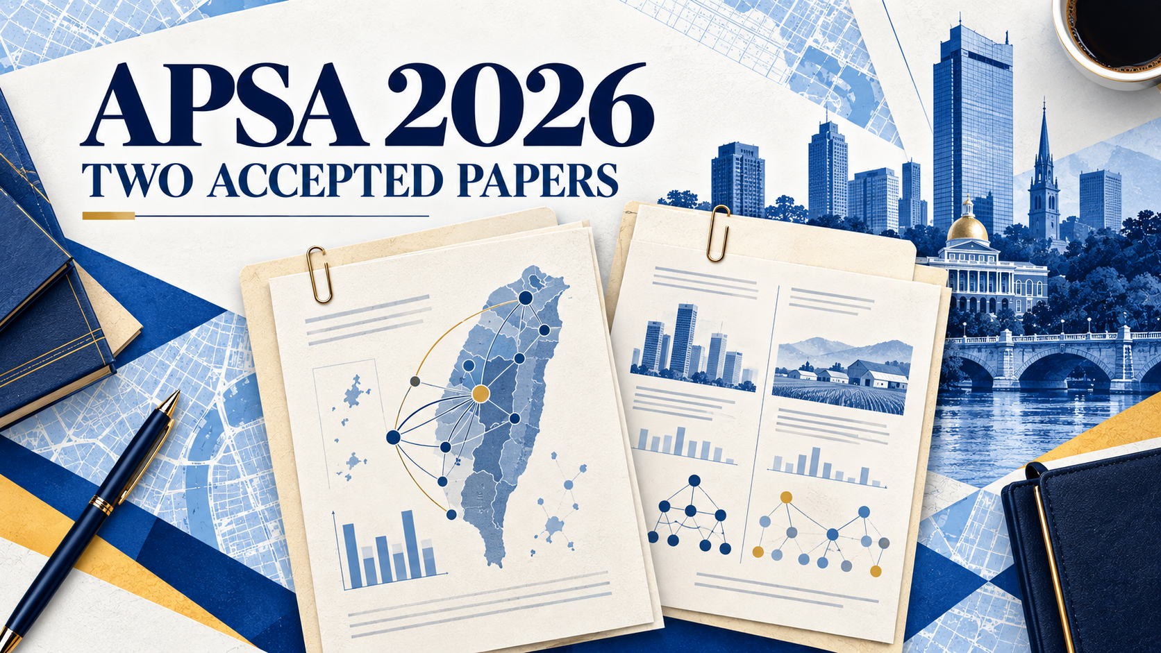 Editorial illustration of two political-science research posters before a Boston conference skyline.